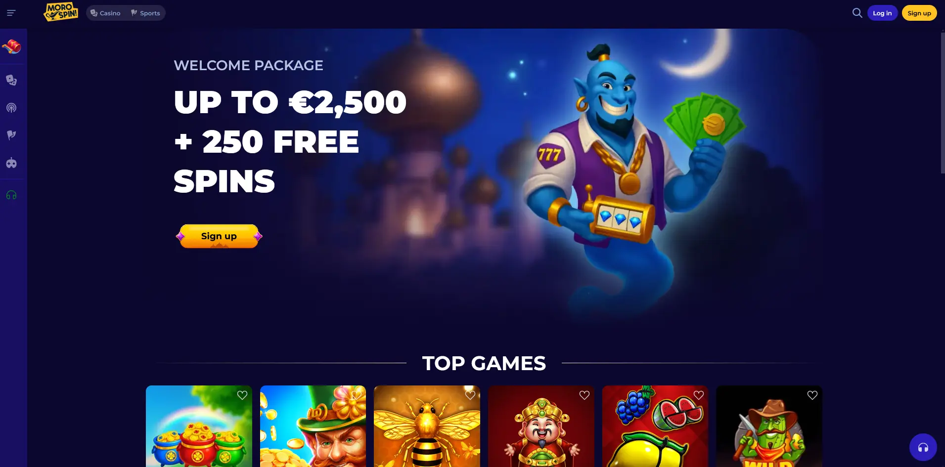 Morospin Casino homepage showing the welcome package banner and top pokies