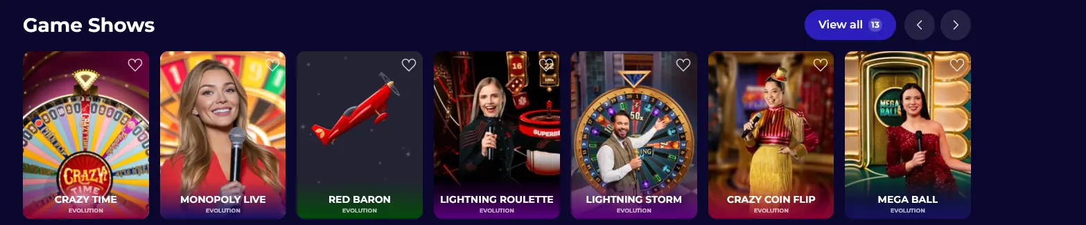Live game show titles at Morospin Casino including Crazy Time and Monopoly Live