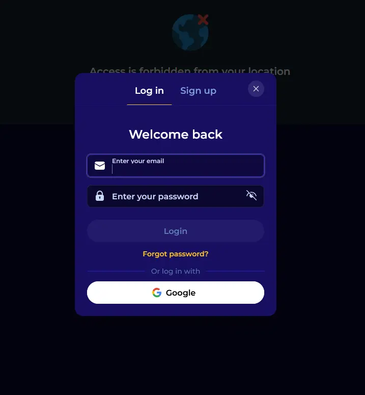 Morospin Casino login screen with email and password fields
