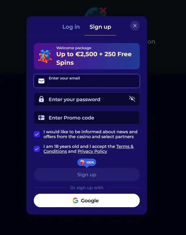 Morospin Casino sign-up form showing the welcome package offer